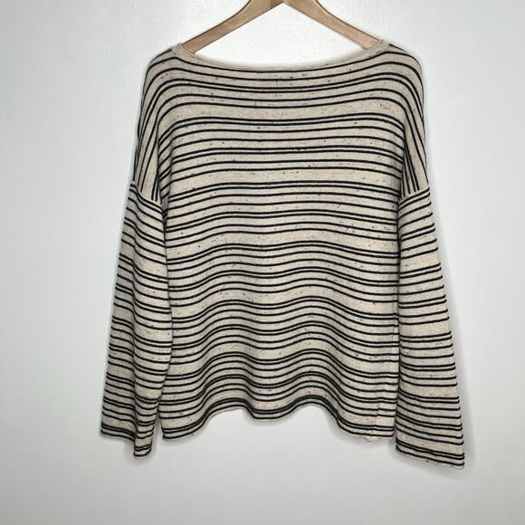 Eileen Fisher Womens Cotton Wool Pullover Sweater Large Beige Black Stripe Boxy - Picture 7 of 8